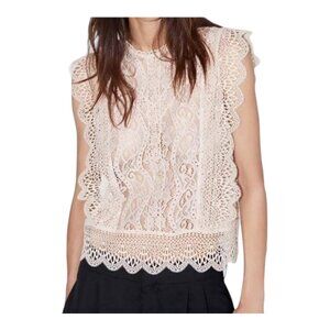 ZARA Lace Embroidered Blouse Cream Crop Top Size XL